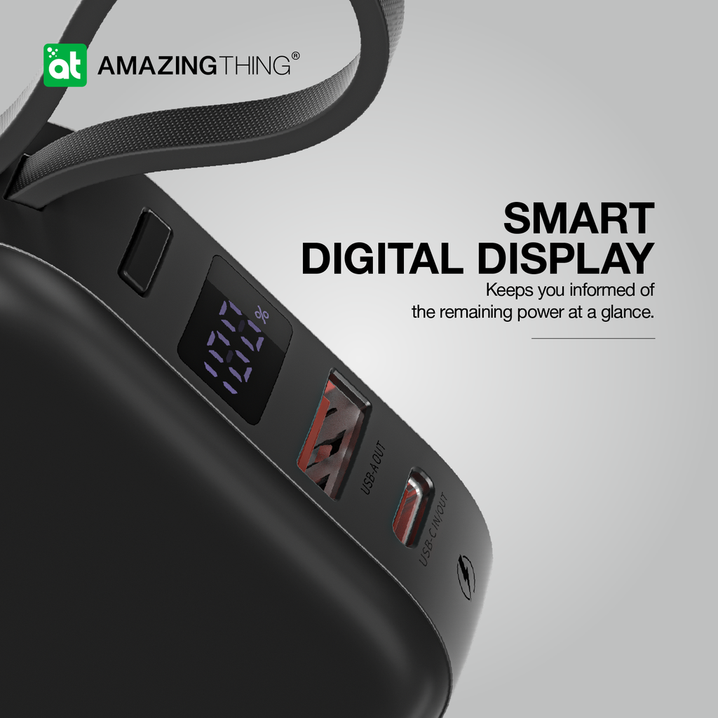 بنك طاقة Thunder Go من Amazing Thing بسعة 10000 مللي أمبير/ساعة مع كابلين USB-C مدمجين - أسود