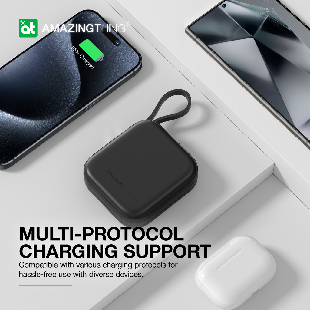 بنك طاقة Thunder Go من Amazing Thing بسعة 10000 مللي أمبير/ساعة مع كابلين USB-C مدمجين - أسود