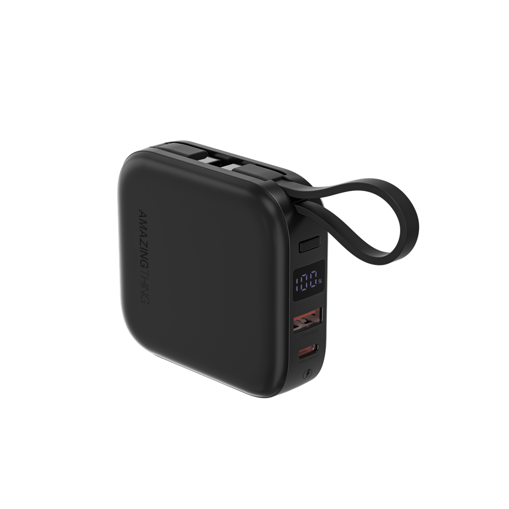 بنك طاقة Thunder Go من Amazing Thing بسعة 10000 مللي أمبير/ساعة مع كابلين USB-C مدمجين - أسود