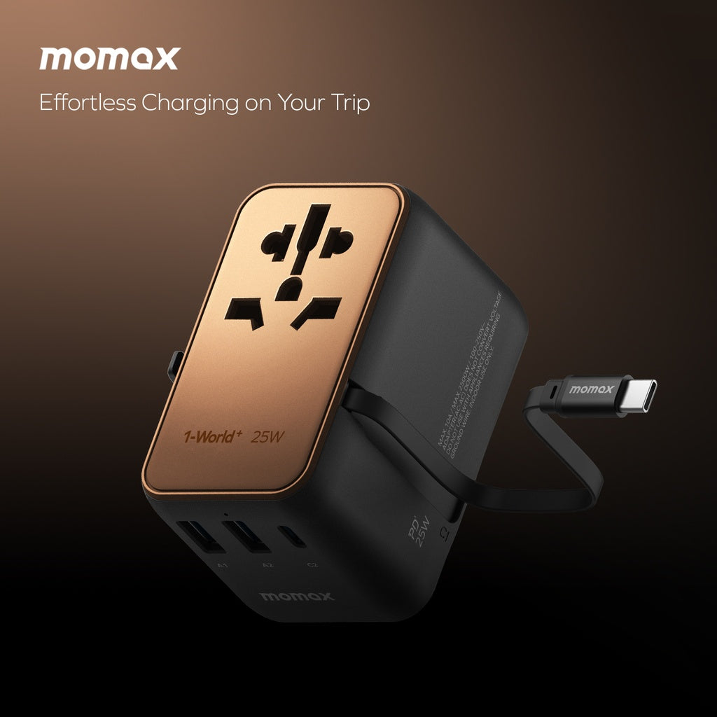 Momax 1-World+ 25W 3-Port Travel Charger Built-In USB-C Cable - Desert Titanium