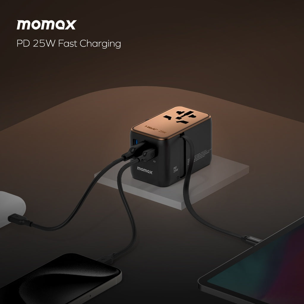 Momax 1-World+ 25W 3-Port Travel Charger Built-In USB-C Cable - Desert Titanium