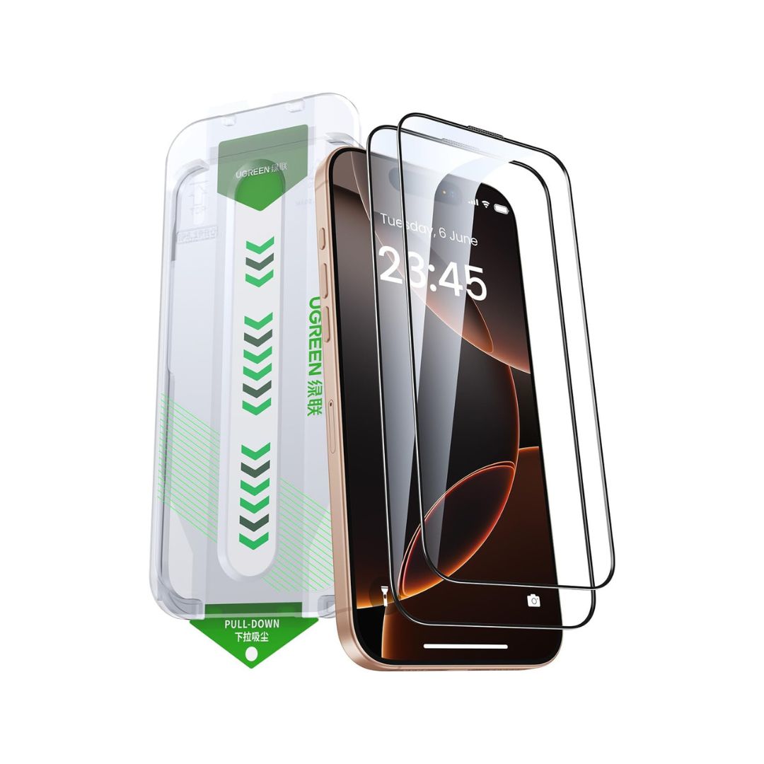 واقي شاشة Ugreen من قطعتين لهاتف iPhone 16 Pro / Pro Max بتغطية كاملة 6.9 بوصة عالي الدقة سهل التركيب بإطار حماية من الدرجة العسكرية مقاوم للخدش ومضاد لبصمات الأصابع - شفاف