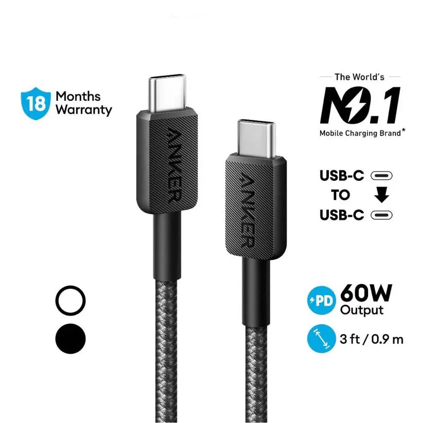Anker 322 PowerLine USB-C to USB-C Cable (0.9 m / 3 ft, 60 W PD) – Model A81F5H11