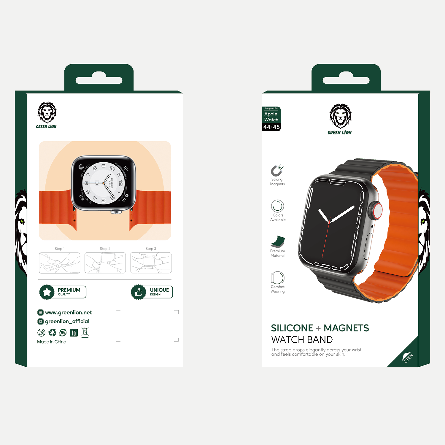 Green Silicone Magnetic Watch Band for Apple Watch 42/44/45MM - Black/Orange