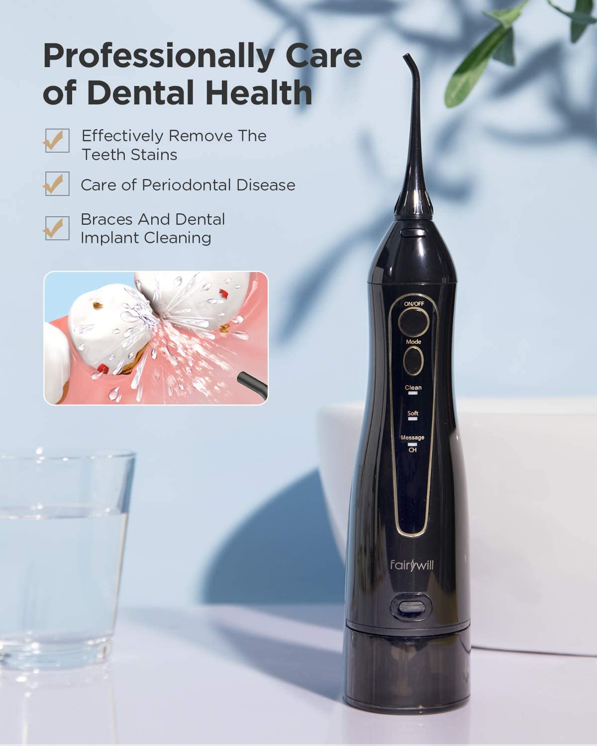 Fairywill 5020E 300ML Water Flosser with 3 Modes 8 Jet Tips - جهاز تنظيف أسنان مائي 5020 إي