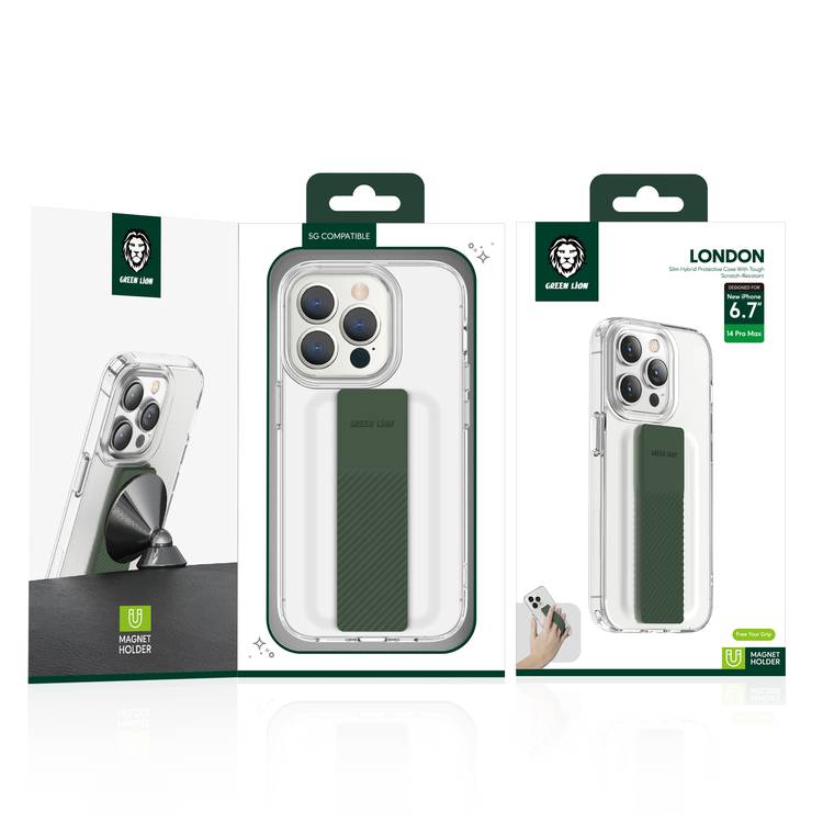 جراب Green London رفيع هجين مع حزام مطاطي لهاتف iPhone 14 Pro Max