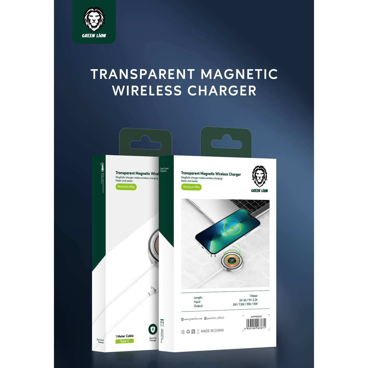 Green Transparent Magnetic Wireless Charger 1M 15W - Clear