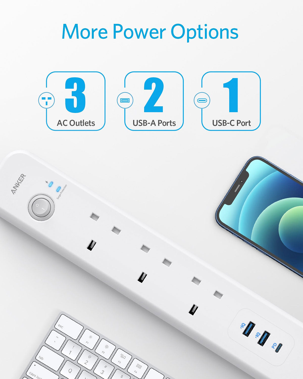 Anker PowerExtend 6-IN-1 USB-C PowerStrip/Socket - محول انكر ٣ منافذ طاقة ومنفذين USB ومنفذ PD بقوة ٣٠ واط