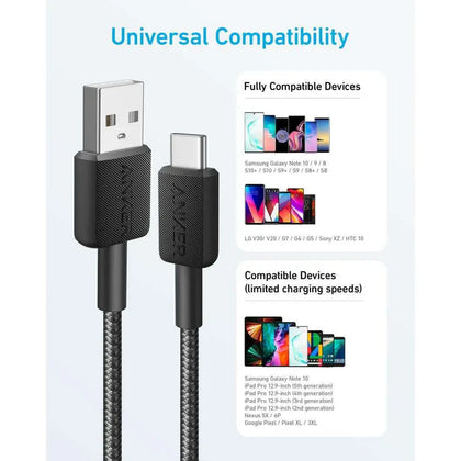 Anker 322 Braided USB-A to USB-C Cable (6 ft / 1.8 m) – 15 W PD, Model A81H6H21