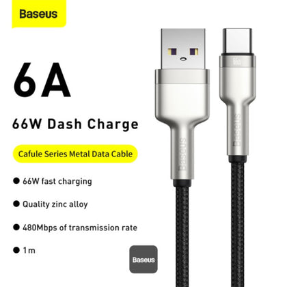 Baseus Cafule Series USB-A to Type-C Cable - 66W 6A Fast Charge & 480Mbps High-Speed Data Transfer, Nylon Braided, 1M - Black