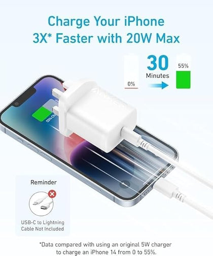 Anker USB C Plug 20W Ultra Fast Wall Charger For iPhone, iPad, iPod And More (5 ft USB-C to USB-C Cable Included) White, B2347K21