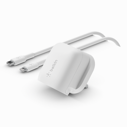 Belkin Wall Charger 20W White With USB Type-C to Lightning Cable 1m - شاحن جداري سريع و صغير بمنفذ تايب-سي ٢٠ واط مع كيبل ايفون معتمد من ابل من شركة بيلكن
