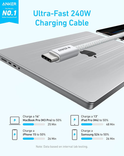 Anker Zolo USB C to USB C Cable 1.8m, Braided and Dirt-Free Type-C Fast Charging Cable, Slim Connector, for iPhone 16 Series, MacBook (240W) - White