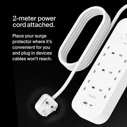 Belkin 6-Outlet Surge Protector Power Strip, Wall-Mountable with 6 AC Outlets, 2M Power Cord