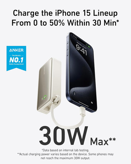 Anker Nano Power Bank, 10,000mAh Portable Charger with Built-in USB-C Cable, 30W Recharging, 30W Max Output with 1 USB-C, 1 USB-A, for iPhone 16/15 Series, MacBook, Galaxy, AirPods, and More