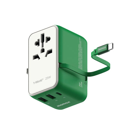 Momax 1-World+ 3-Port 25W Travel Charger Built-In USB-C Cable - Green