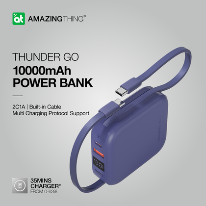 Amazing Thing Thunder Go Power Bank 10000mAh with Built in 2 USB-C Cables -Blue