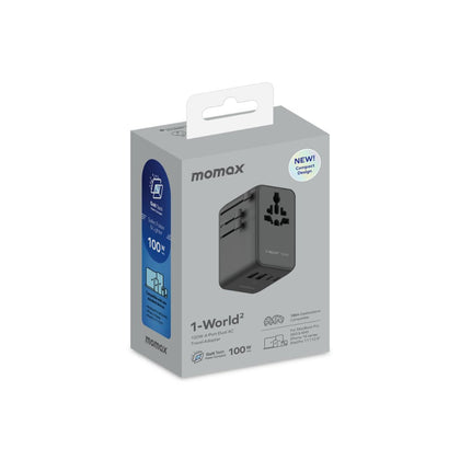 شاحن Momax 1-World² العالمي الصغير للسفر GaN بأربعة منافذ، بقوة 100 واط، مع تيار متردد مزدوج