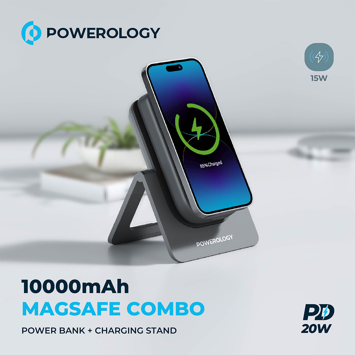 Powerology 10000mah Magsafe Combo Powerbank+charging Stand 20W - بطارية مغناطيسية لاسلكية ١٠٠٠٠ ملي أمبير مع قاعدة الشحن من شركة باورلوجي 🇨🇦
