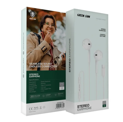 Green Lion Wired Stereo Earphones with Type-C Connector - White