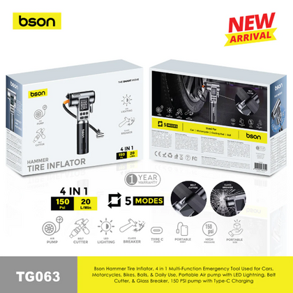 Bson Hammer Tire Inflator, 4 in 1 Multi-Function Emergency Tool Used for Cars, Motorcycles, Bikes, Balls, & Daily Use, Portable Air pump with LED Lightning, Belt Cutter, & Glass Breaker, 150 PSI pump with Type-C Charging