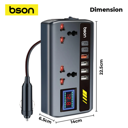 Bson Voltra 200W Power Inverter, 2 AC Sockets, 1 Cigarette Lighter Port, 4 USB Ports, 2 Type-C Ports with Digital Display
