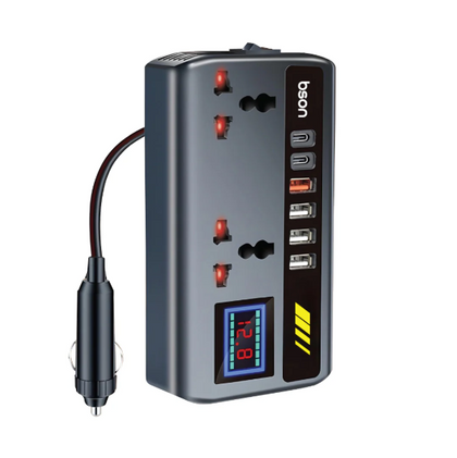 Bson Voltra 200W Power Inverter, 2 AC Sockets, 1 Cigarette Lighter Port, 4 USB Ports, 2 Type-C Ports with Digital Display