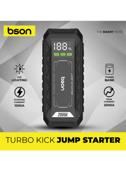 Bson Turbo Kick Jump Starter – 16000mAh, QDSP Quick Start, Up to 8L Gas/Diesel Engines, 3-Mode Dual Brightness LED Light, Power Bank Function