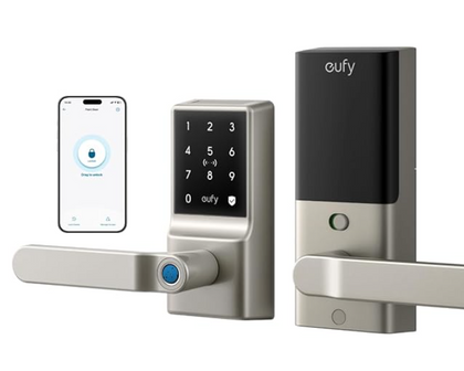 eufy Security Smart Lock C33, Fingerprint Keyless Door Lock with Handle, Built-in Wi-Fi, APP Remote Control, Biometric Door Knob for Entry Door, Auto Lock, IP53 Waterproof, Nickel