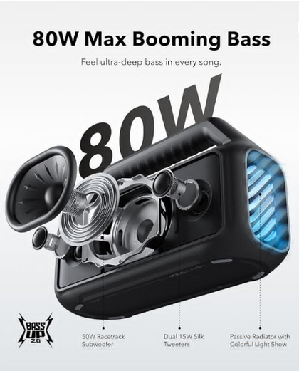 soundcore Boom 2 By Anker, Outdoor Speaker, 80W, Subwoofer, BassUp 2.0, 24H Playtime, IPX7 Waterproof, Floatable, RGB Lights, USB-C, Custom EQ, Bluetooth 5.3, Portable for Camping, Beach, and Backyard