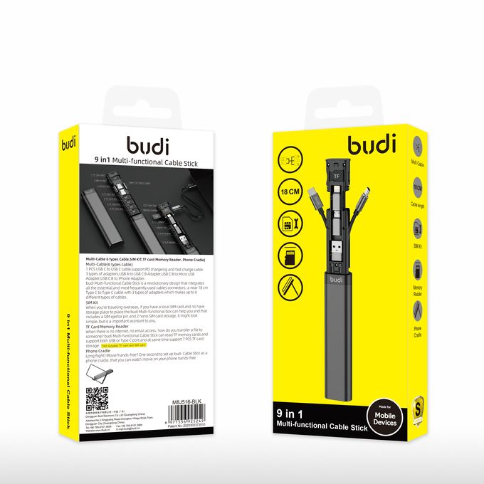 Budi 9 In 1 Multi-Functional Cable Stick 60W - 18cm
