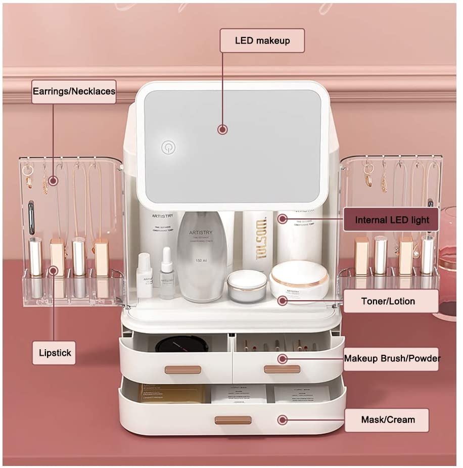 Cosmetic Storage Box With Mirror Led Light Desktop Makeup Organizer