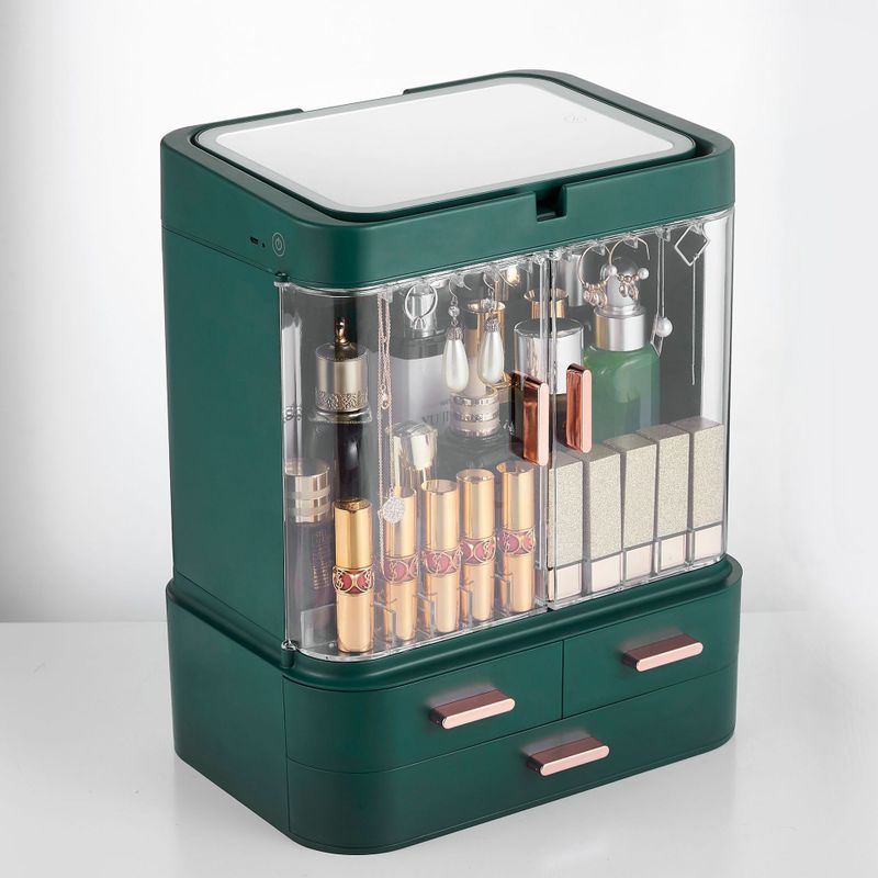 Cosmetic Storage Box With Mirror Led Light Desktop Makeup Organizer