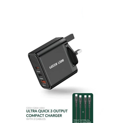 Green Ultra Quick 3 Output Compact Charger with Type-A to Type-C and Type-C to Lightning Cable - Black
