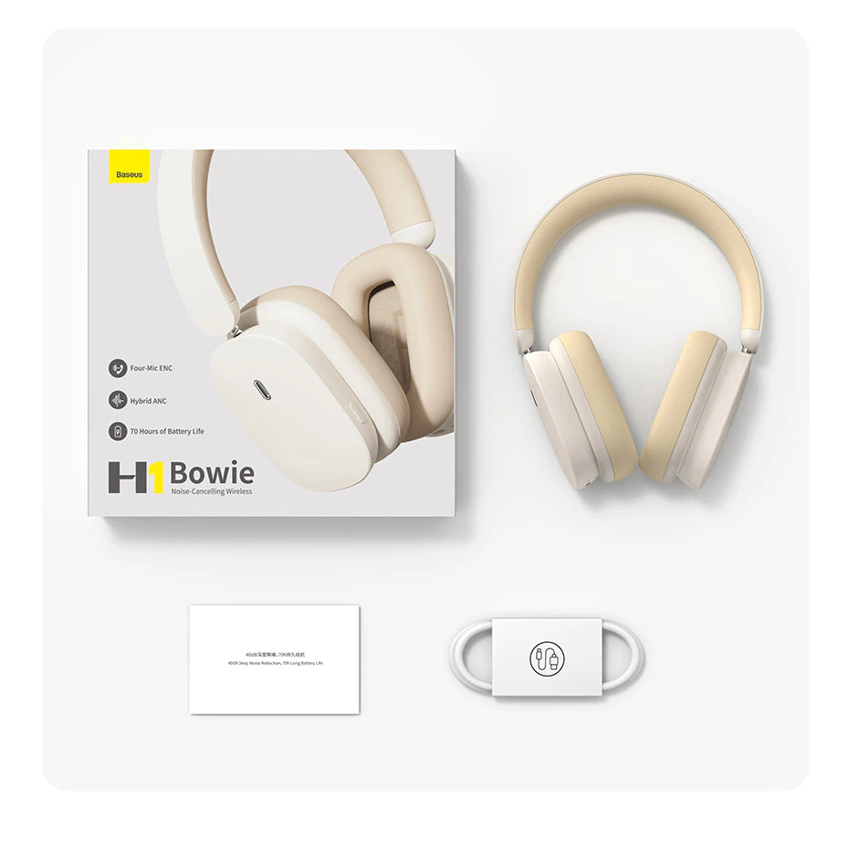 Baseus H1 Bowie Noise-Cancelling Wireless Headphone 70 Hour of Battery Life Type-C Charge Interface - Creamy white